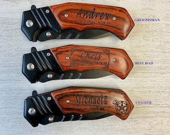 May include: Three personalized pocket knives with wooden handles. The top knife has the name "Andrew" engraved on it with the text "Groomsman/6.19.19". The middle knife has the name "Chris" engraved on it with the text "Best DAD Ever/6.16.19". The bottom knife has the name "Michael" engraved on it with the text "Father of the Groom 2019".