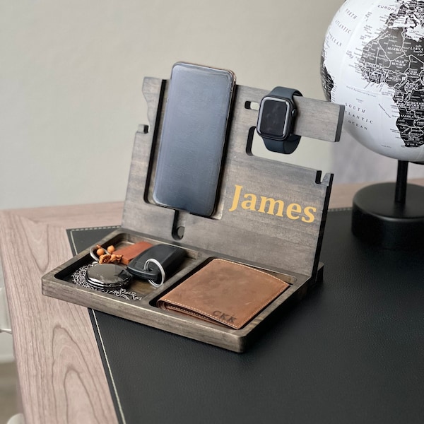 Personalized Holiday Gift for Him Wooden Phone Stand Docking Charging Station Christmas tech Gift for Man iPhone Holder Nightstand Organizer