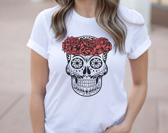 Skull Shirt, Sugar Skull Shirt, Halloween Shirt, Floral Skull, Fall Shirt, Day of the Dead, Skull T-shirt for Women and Men, Plus Size