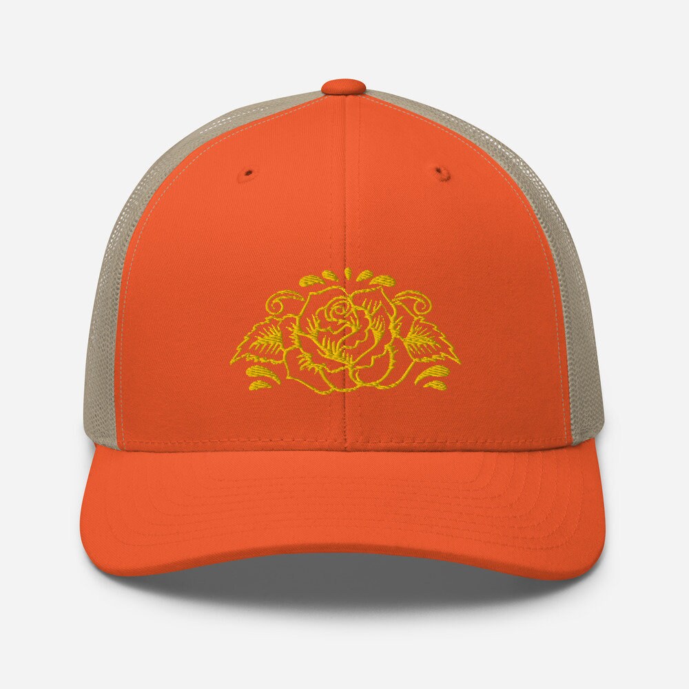 Embroidered Hat, Vintage Yellow Rose, Retro Trucker Hat for Women and Men, Baseball Hat, Snapback Cap