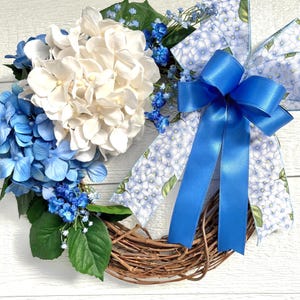 Hydrangea Grapevine Wreath: Blue & White Floral Ribbon, Spring Summer Decor