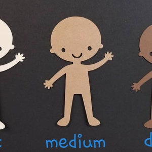 May include: Three paper cutouts of people in different skin tones, labeled "light", "medium", and "dark".
