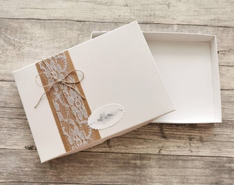 10x photo boxes approx. 13.5x19.5 x 2.0 cm, white, decorated and personalized with logo