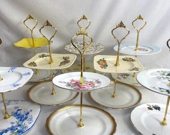 Soporte de pastel vintage hecho a mano - Platos de porcelana floral - Pequeño soporte de pastel individual - 2 niveles con nuevos accesorios de oro - bodas - baby showers GC