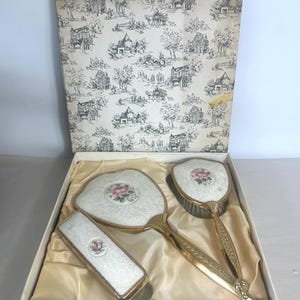 Vintage Dressing Table Set - 1950s  Embroidered Vanity Set - 4 piece - Original box