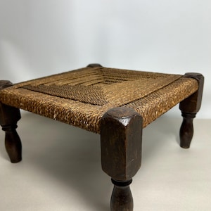 Antique Brutalist Stool With Woven Top : Vintage Plant Stand / Footstool