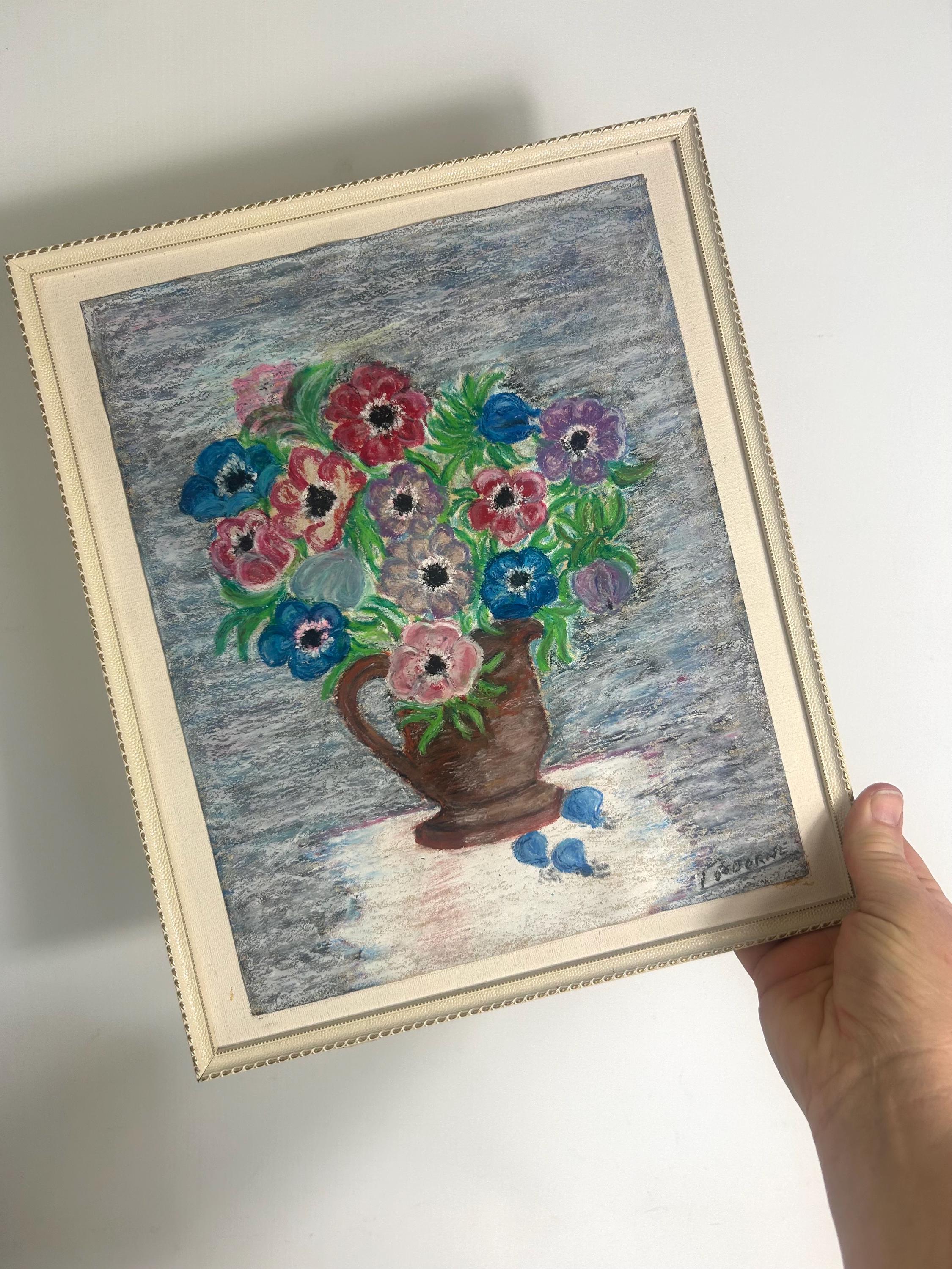ヴィンテージ風の花柄絵画／パステル画 - 額装済み - ミッド
