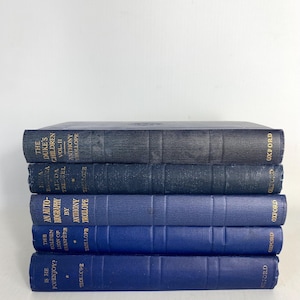 May include: A stack of five vintage books in varying shades of blue. The books have gold lettering on the spines, with titles and author names visible. The books are stacked on top of each other, creating a visually appealing arrangement.