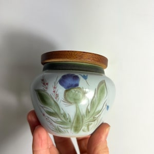 Vintage Buchan Portobello Stoneware Jar with Wooden : Lid Thistle Pattern - Made in Scotland