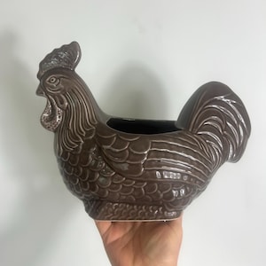 Peut inclure: Un pot de fleurs en céramique marron en forme de coq. Le pot présente un design détaillé avec une surface texturée, comprenant des plumes et une crête. L'intérieur est sombre et la forme générale est celle d'un coq stylisé.
