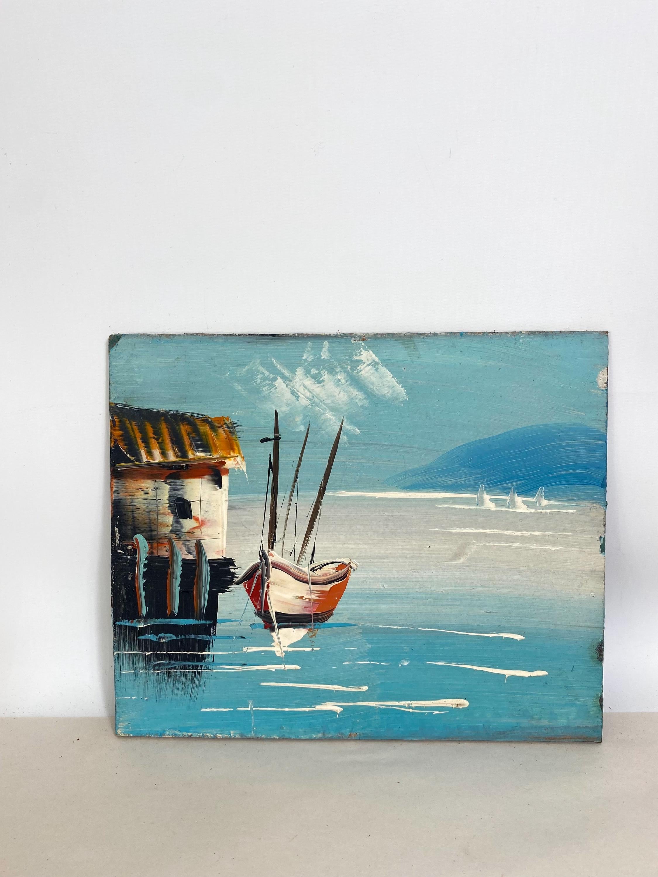 ヴィンテージの港の風景油絵 - 1970年代の海洋美術 - Etsy 日本