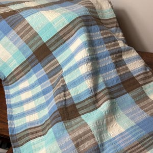 Vintage Seersucker Tablecloth - Retro 1970s Checked Cotton Tablecloth - Blue, White & Brown - Cottagecore 47” x 67”
