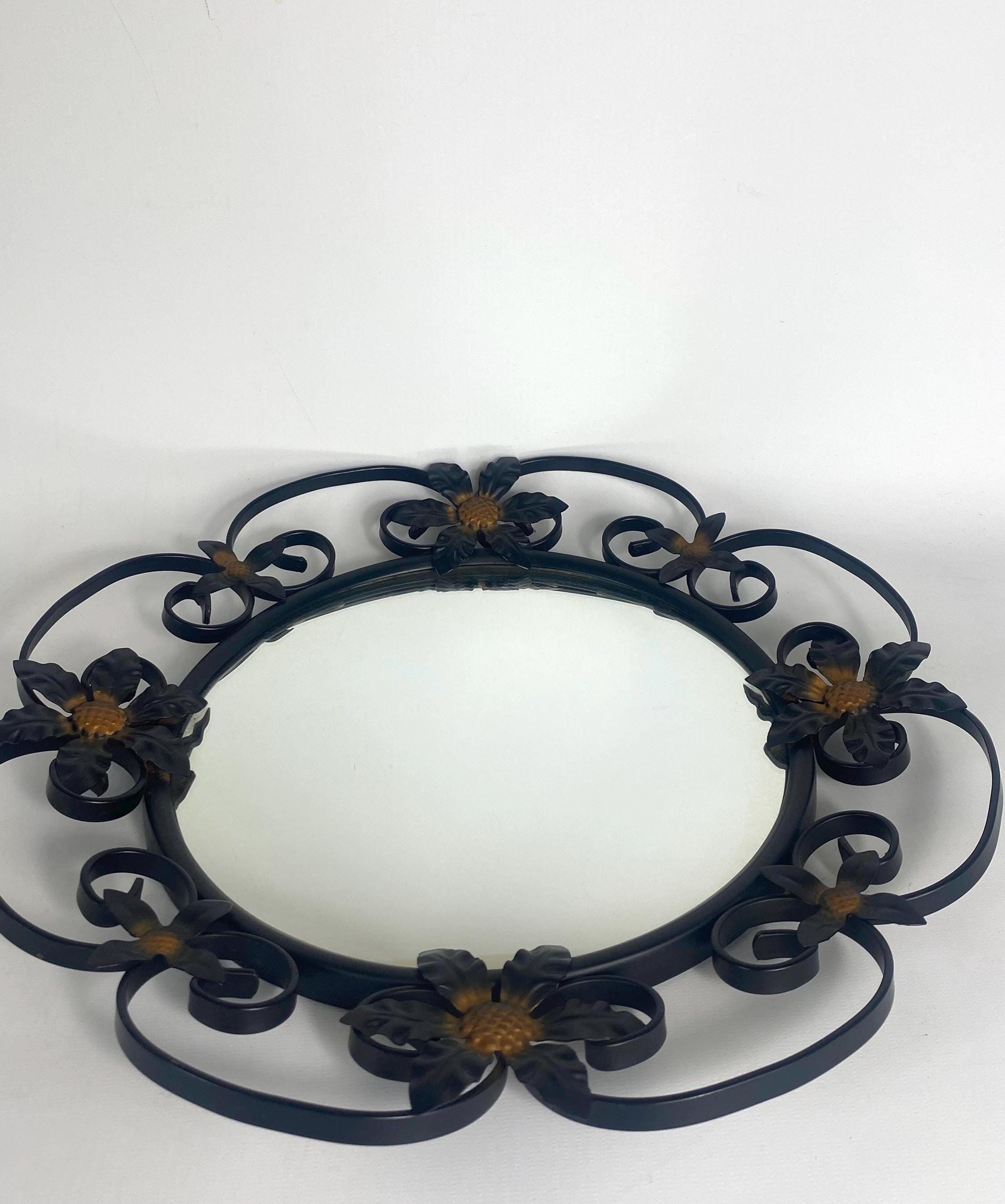 Vintage Convex Mirror: Mid Century Floral Black Metal Frame (14.5