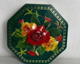 Vintage Tin - Floral Tin - Green - Roses - Flowers - Floral Tin - St Michael - M&S - 7” 1990s GC