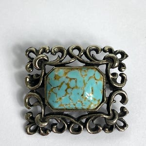 Vintage Turquoise Stone Brooch: Ornate Silver Tone Pin, 1960s