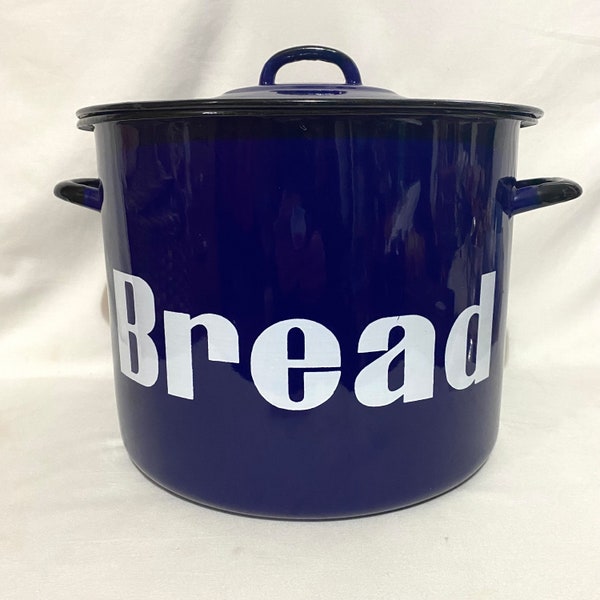 Vintage enamel bread bin - Large bread storage - Blue and black bread bin - Retro bread bin - GC