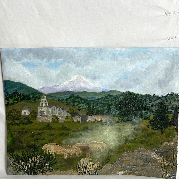 Vintage Oil Painting - Landscape Painting on Canvas - Mountain Scene - Volcano Painting - Mount Tiede Tenerife - Unframed 1980s - 11” x 15”