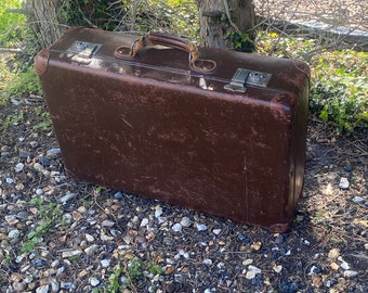 Vintage suitcase - Vintage travel case - 1940s - Brown - Leather Handle - Made in England - travel - storage - prop - display - wedding  GC