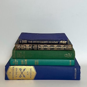 Antieke vintage boekenset - oude boeken - vintage boeken - decoratieve boekenbundel - vintage antieke rekwisieten - 5 groen-blauwe displayboeken GC