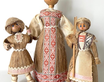 Vintage Russian Doll Family / Folk Art Straw Dolls / Mother and 2 Children