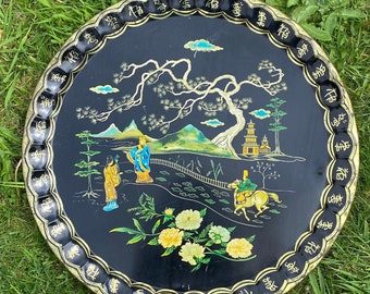 Vintage serving tray - Chinese cocktail tray - Metal serving tray - Black - Mid Century - Baret Ware - 1950s -  18” GC