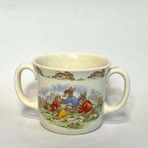 Vintage Royal Doulton Bunnykins Mug: Twin Handled Cup, Wheelbarrow Race