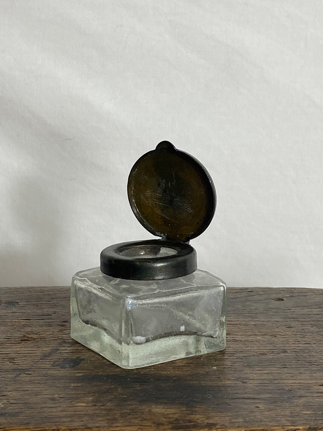 Vintage Glass Inkwell Metal Lid Home Office Vintage Desk Etsy