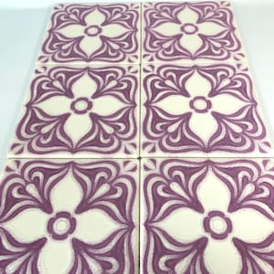 Vintage Wandfliesen: Lila Florale Keramikfliesen - Made in England - Set mit 6 Stück