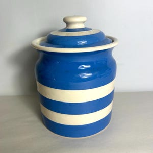 Vintage Cornish Ware Biscuit Barrel: Blue White Striped Storage Jar with Lid - Cottagecore