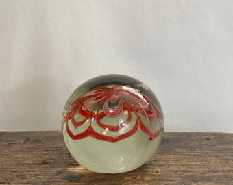 Vintage glass paperweight - hand blown - red flower -  art glass - 1960s - Mid Century - Home Office 2” GC