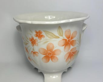 Vintage Ceramic Floral Planter: Orange Flower Pattern Plant Pot