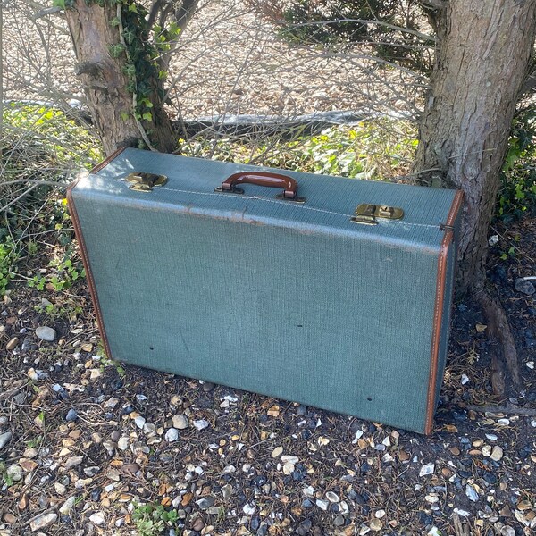 Vintage suitcase with Keys  - Vintage travel case - 1950s - Blue Grey - Made in England - travel - storage - prop - display - wedding  GC