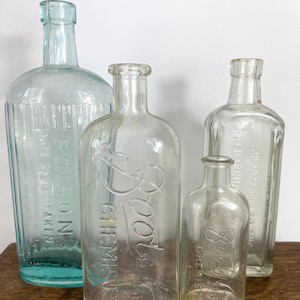 Antique Victorian Pharmacy Bottles - Boots Chemist, Poison, Calfig Syrup - Display Props