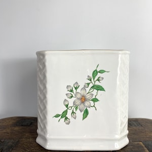 May include: White ceramic planter with a woven pattern and a floral design featuring white flowers and green leaves.