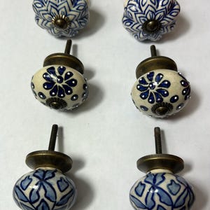 Vintage Floral Ceramic Drawer Knobs - Blue Hand-Painted Cabinet Pulls - Set of 6 - Cottagecore