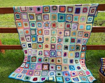 Vintage Crochet Blanket - Handmade Crochet Wool Blanket - Mid Century Granny Square Blanket - Colourful Afghan Rug - Picnic Blanket - 77”