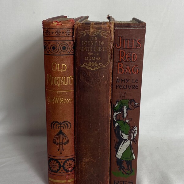 Antique Book Bundle - Old Books - Decorative Book set - Vintage Prop - Display Books - Vintage Library - 3 Red  Books - GC