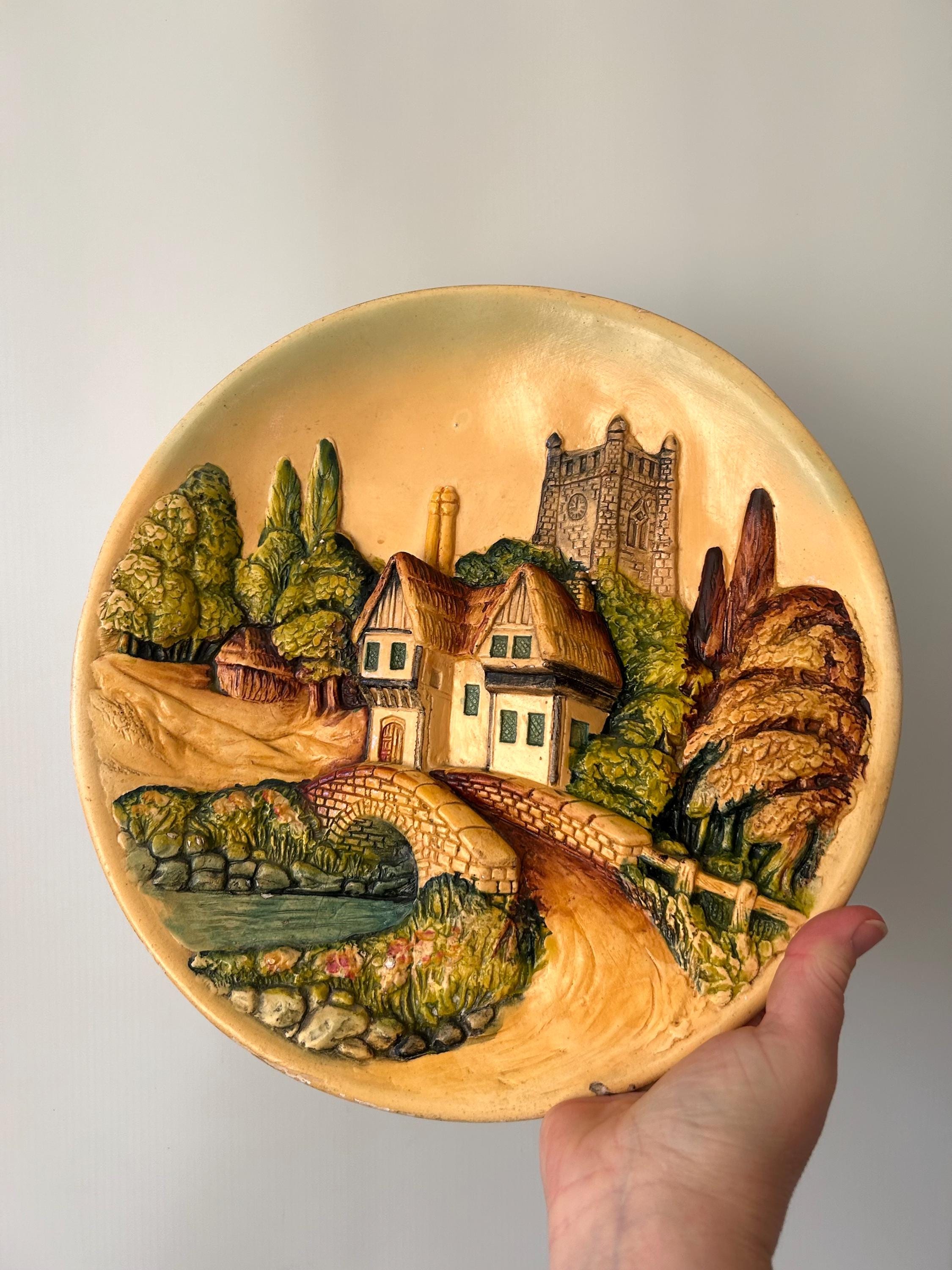 Vintage Chalk Ware Wall Plate / 1930s 3D Picture /houses and