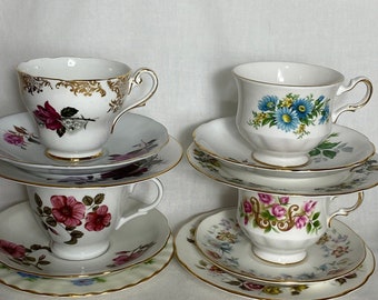 Vintage Tea Cups And Saucers - English China Tea Set - Harlequin Tea Trios - 4 Sets - Floral Patterns - Mix & Match - Beautiful - 1950s VGC