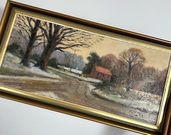 Stary obraz olejny – Scena z angielskiej wsi – Śnieżny krajobraz – Cottagecore