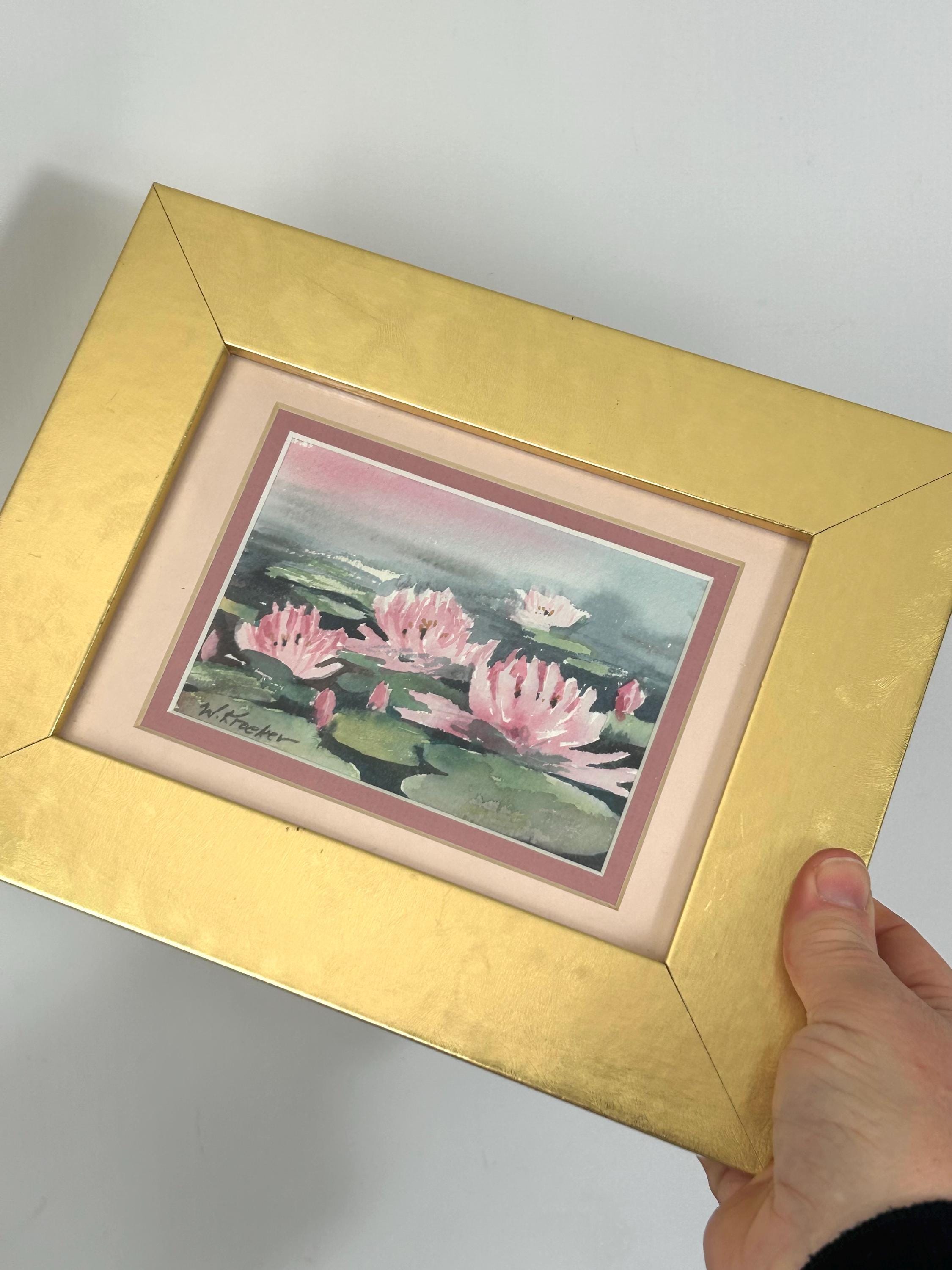 ヴィンテージ風の水彩画：額装された花のアート - 睡蓮 - Etsy 日本