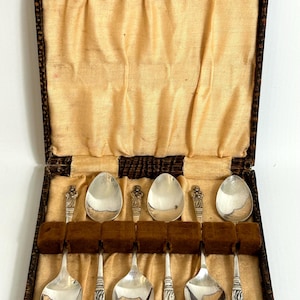 Antieke lepelset - Apostellepelset - Verzilverde theelepelset - Art Deco - jaren 1920 - Originele doos - Set van 6 - GC
