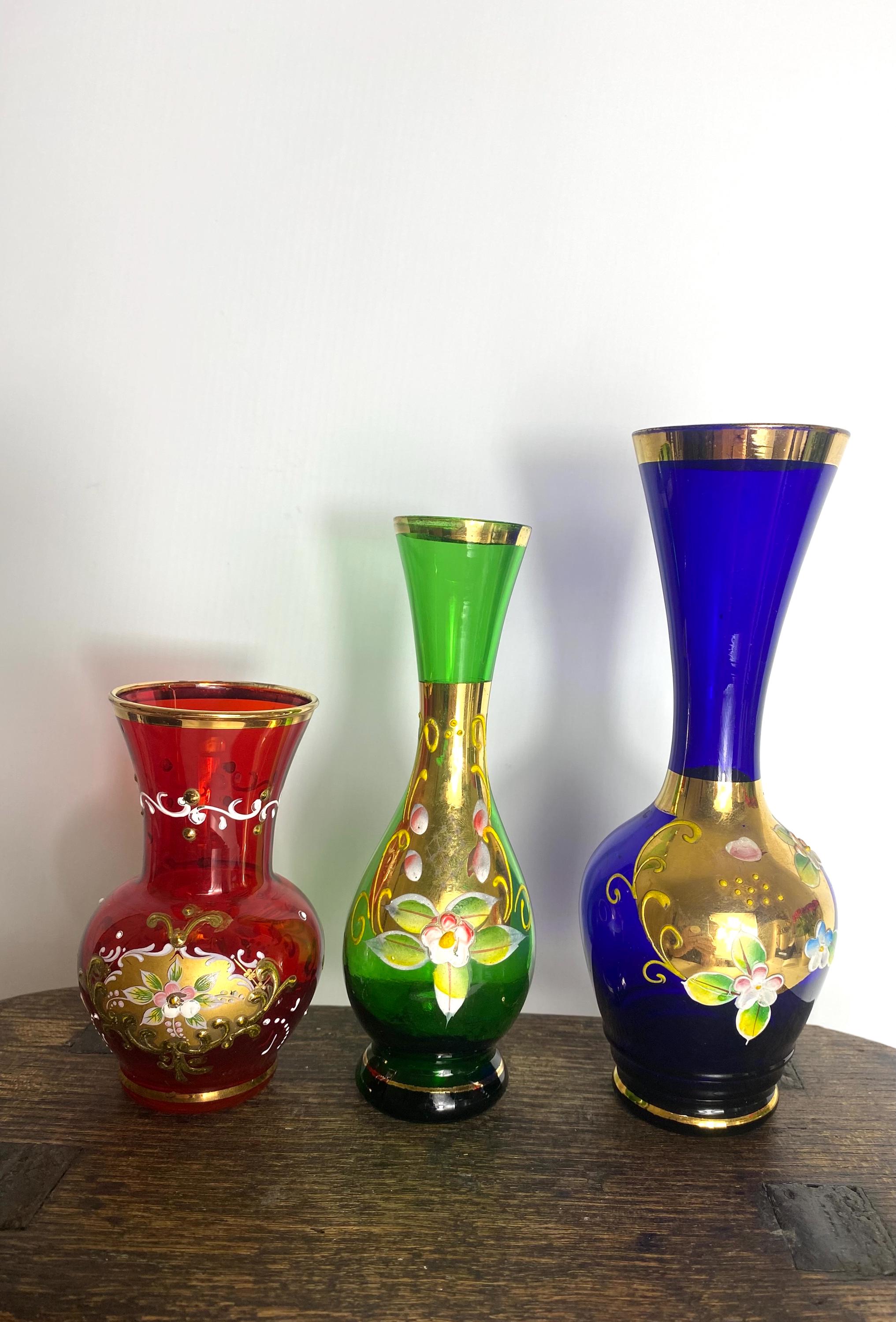 Vintage Bohemian Czech Glass Vase Collection: Hand-painted 3D