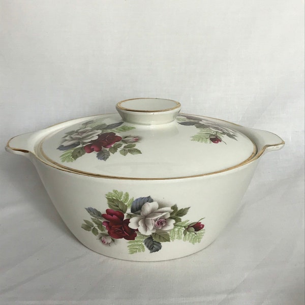 Vintage Serving Dish - 1950s Tureen With Lid - Bowl With Lid - Roses -  English Ironstone -  Made in England - Mid Century 9” VGC