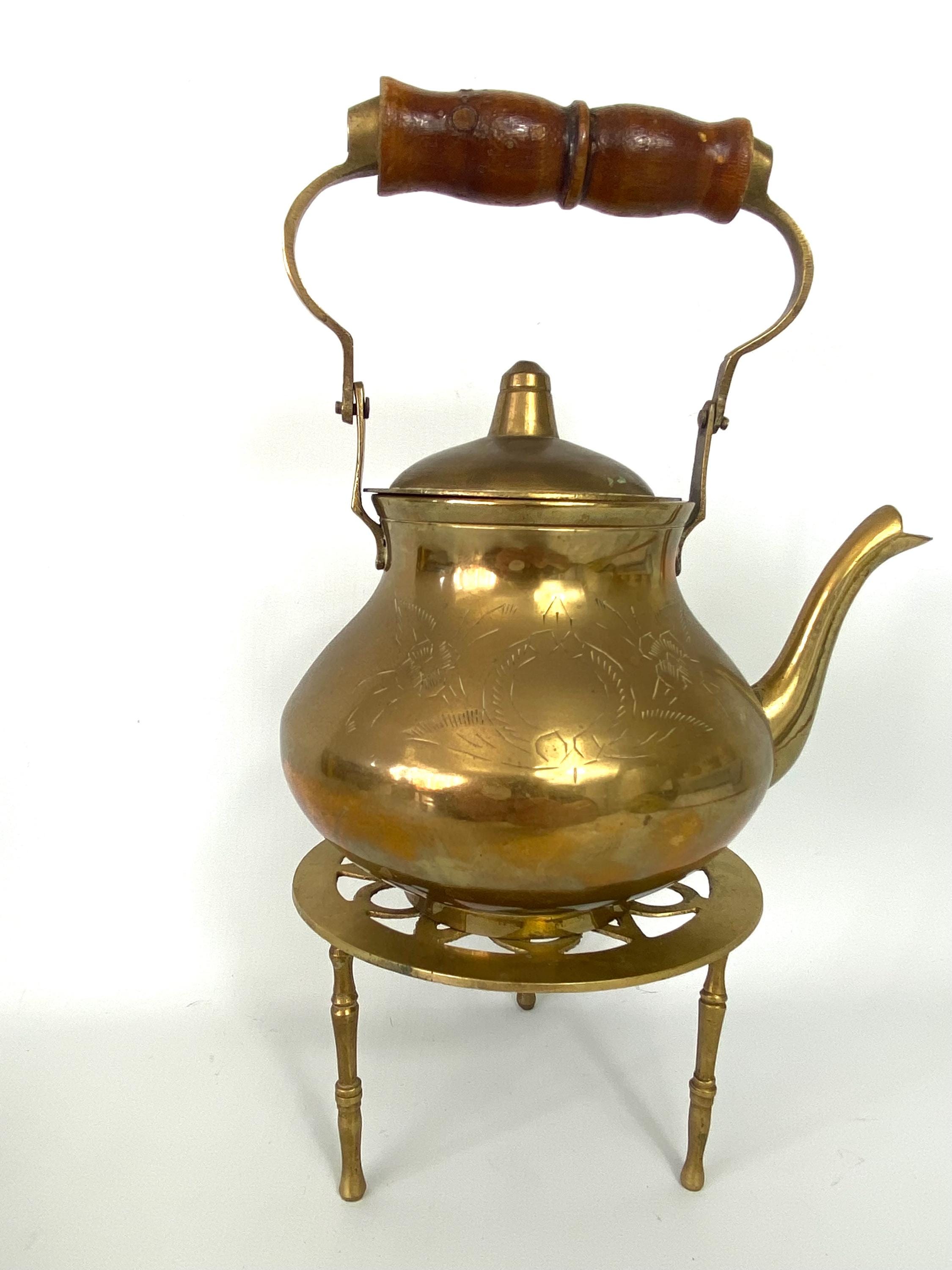 Vintage Brass Teapot & Tripod Stand - Etched Pattern - Brass Kettle - lTraditional Fireside Accessory - Rustic kitchen - 5” - GC