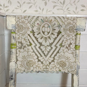 Vintage tray cloth - Hand embroidered linen table runner - Cream traycloth with beige floral embroidery cut outs - 12.5” x 18.5”