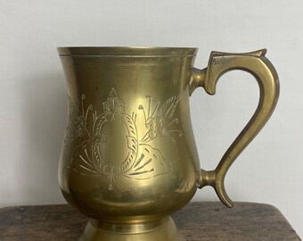 Vintage Etched Brass Stein - Vintage Brass Tankard - Vintage Beer Mug - Mid Century - 5” GC