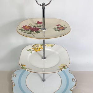 Vintage cake stand - Vintage cake tray - Floral china cake stand - Handmade using antique and vintage plates GC