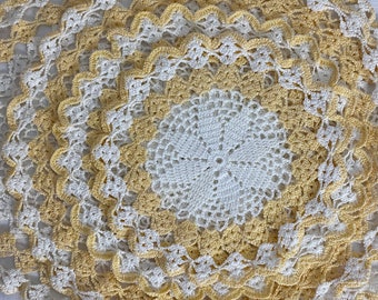 4 Vintage Flower Doilies -  1950s - English Crochet -  Lace Doilies - Vintage Doily Set -  Handmade - Yellow & White VGC