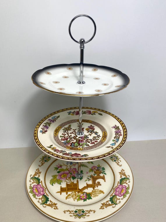 花柄3段ケーキスタンド ヴィンテージケーキスタンド / ハンドメイド花柄陶器3段ケーキタワー